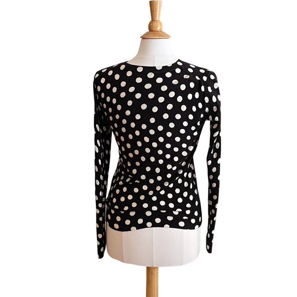 Black & White Polka Dot Cotton Blend Crew Neck Button Down Cardigan, S - Picture 4 of 11